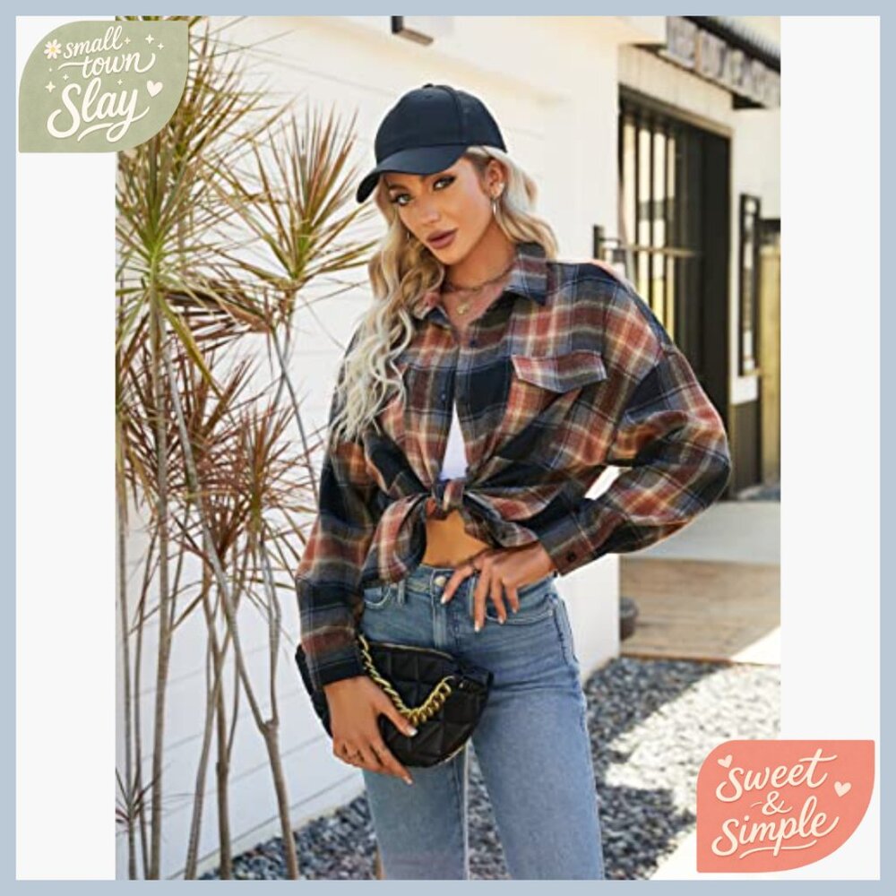 Oversized Flannel Shacket Button Down Shirt Long Sleeve Loose Fit Work Casual - Picture 4 of 6